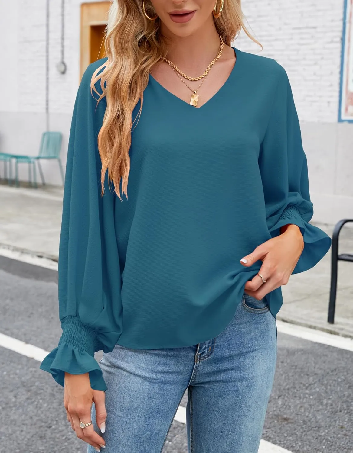 Aifer Womens Blouses Dressy Casual Tops V Neck Ruffle Balloon Long Sleeve Shirts Elegant Business Casual Outifts