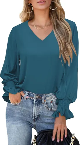 Aifer Womens Blouses Dressy Casual Tops V Neck Ruffle Balloon Long Sleeve Shirts Elegant Business Casual Outifts