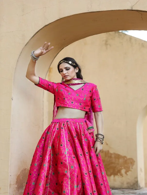 Aisha Pink Embroidered Brocade Lehenga Set (Set of 3)