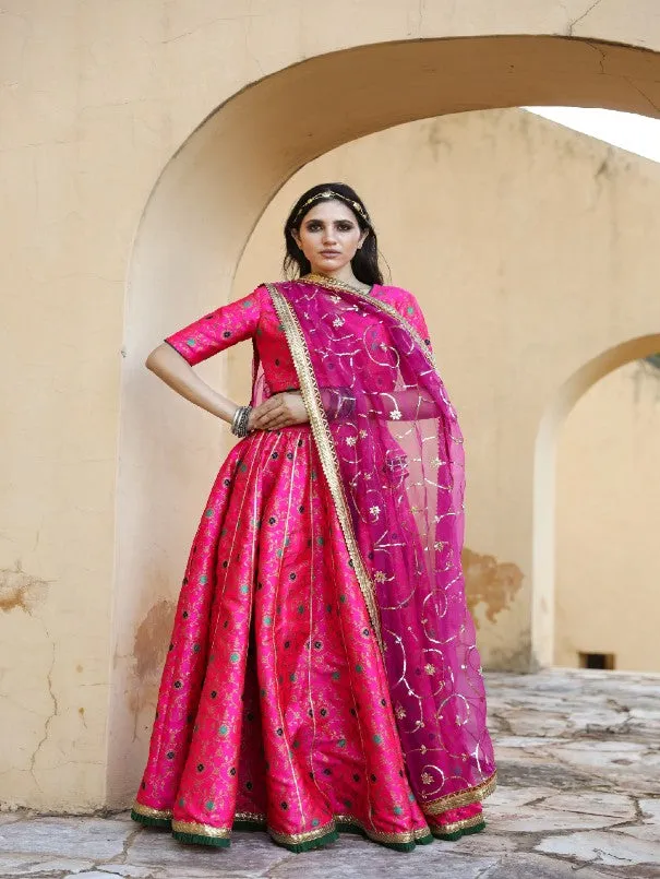 Aisha Pink Embroidered Brocade Lehenga Set (Set of 3)