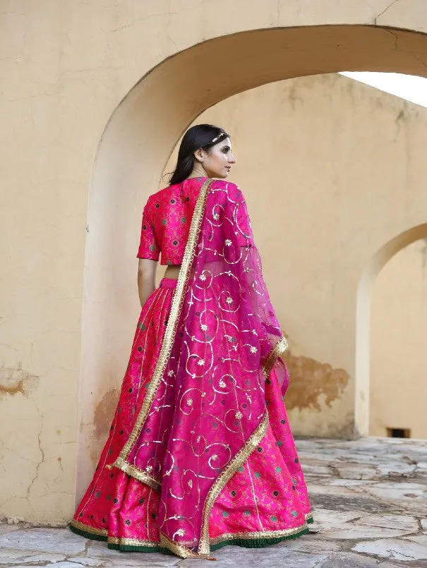 Aisha Pink Embroidered Brocade Lehenga Set (Set of 3)