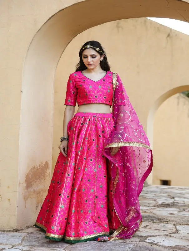 Aisha Pink Embroidered Brocade Lehenga Set (Set of 3)