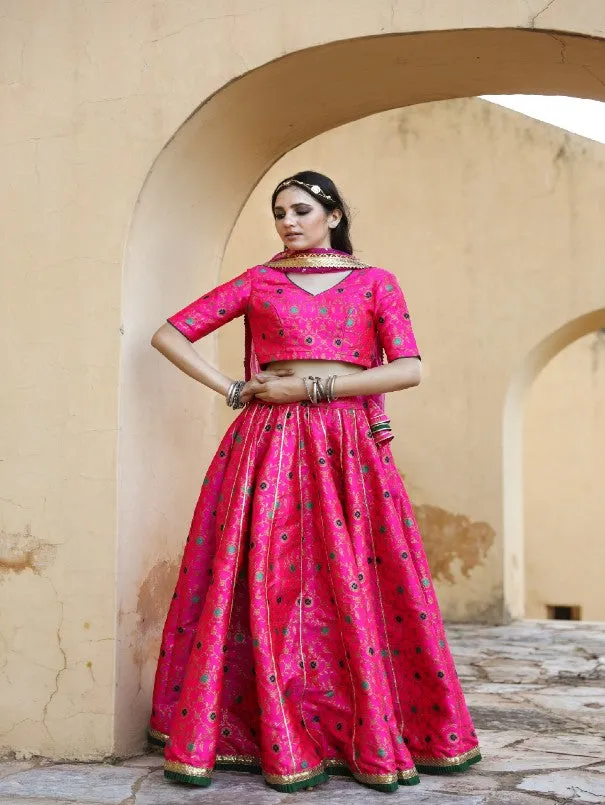 Aisha Pink Embroidered Brocade Lehenga Set (Set of 3)