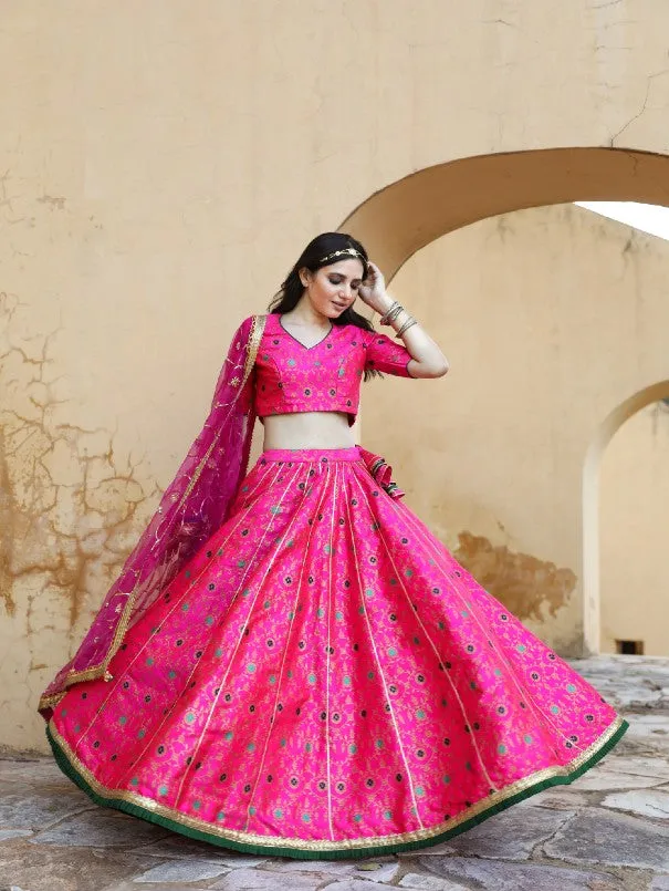 Aisha Pink Embroidered Brocade Lehenga Set (Set of 3)