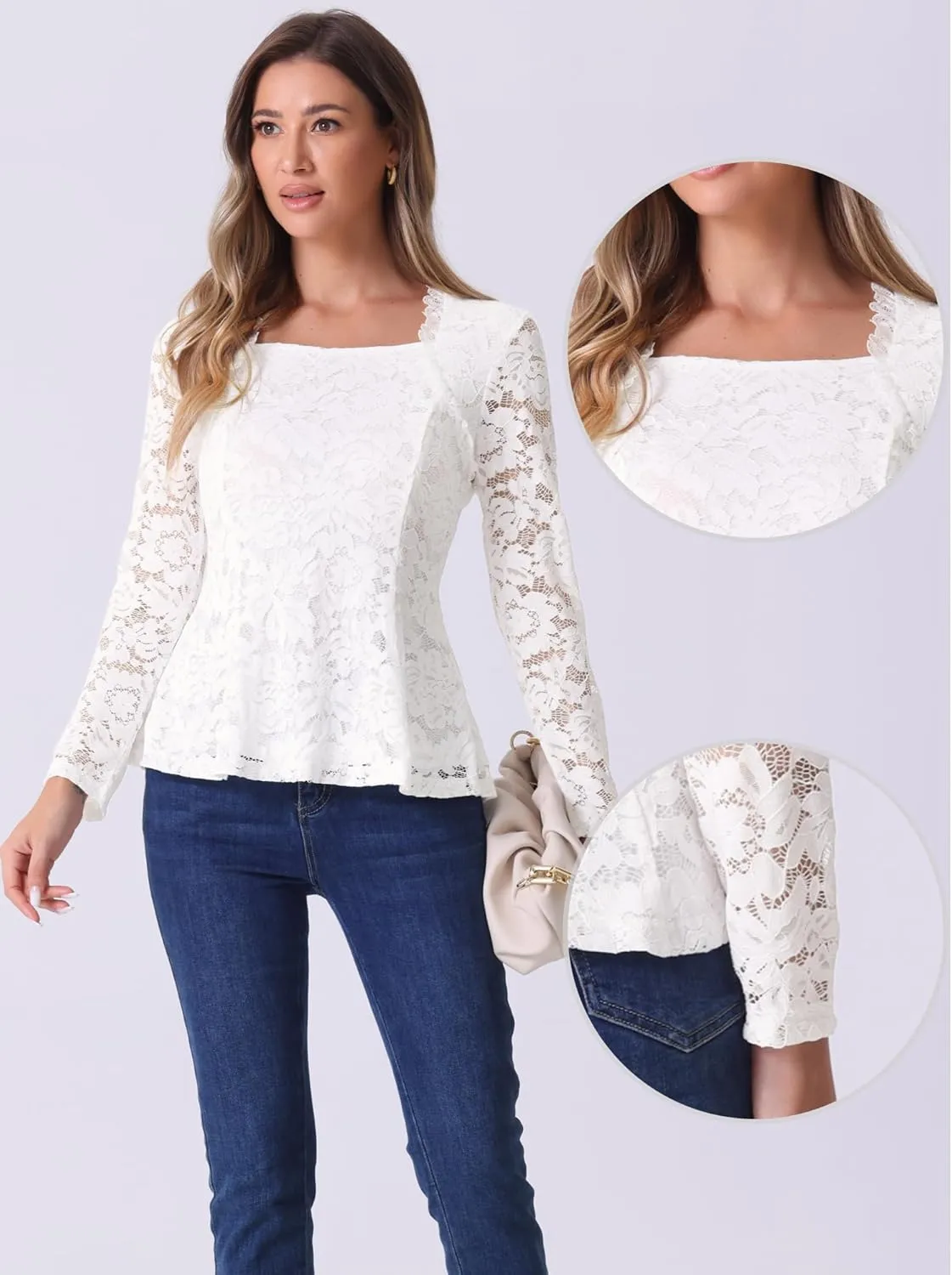 Allegra K Lace Tops for Women's Square Neck Long Sleeve Stertch Elegant Casual Peplum Blouse Top