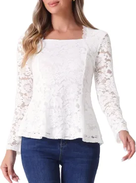 Allegra K Lace Tops for Women's Square Neck Long Sleeve Stertch Elegant Casual Peplum Blouse Top