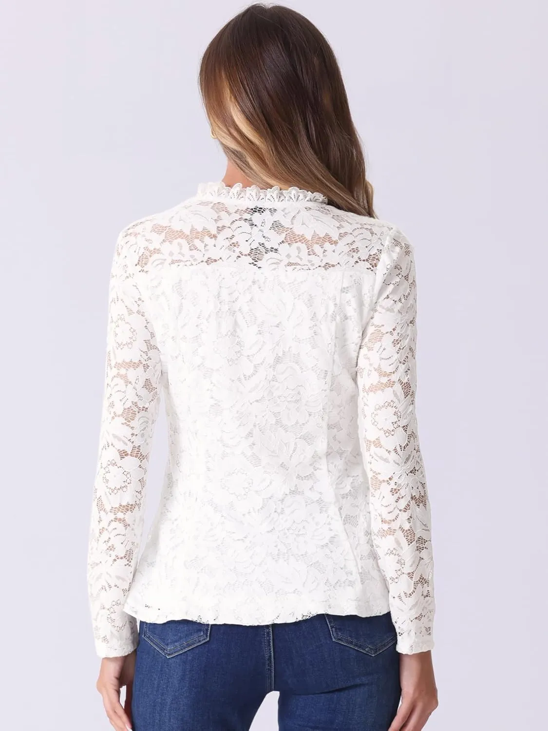 Allegra K Lace Tops for Women's Square Neck Long Sleeve Stertch Elegant Casual Peplum Blouse Top