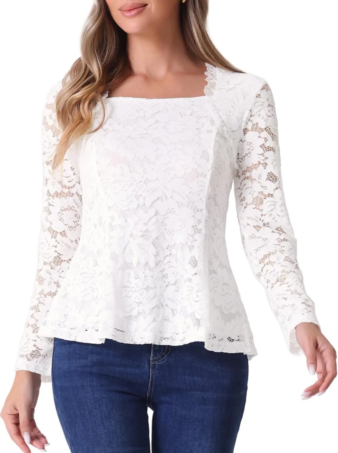 Allegra K Lace Tops for Women's Square Neck Long Sleeve Stertch Elegant Casual Peplum Blouse Top