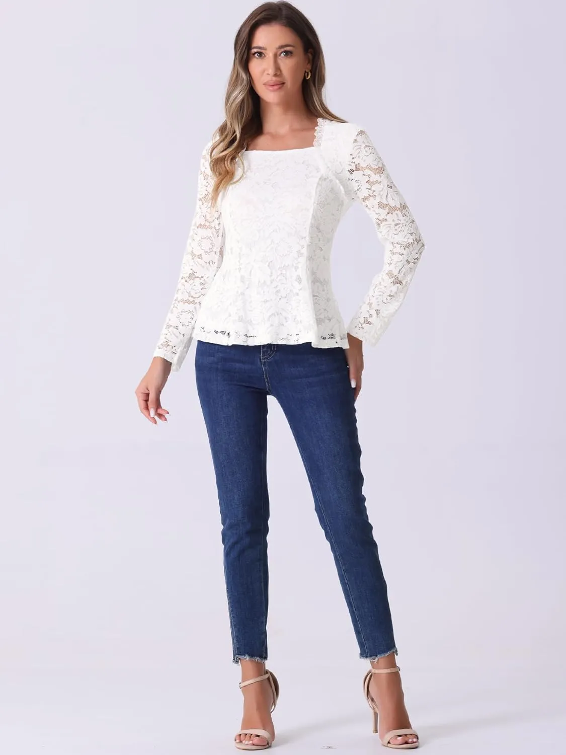 Allegra K Lace Tops for Women's Square Neck Long Sleeve Stertch Elegant Casual Peplum Blouse Top