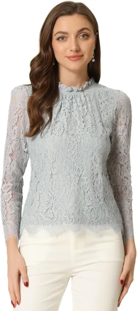 Allegra K Women's Lace Top Long Sleeve Ruffle Neck Floral Blouse