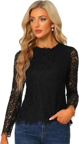 Allegra K Women's Lace Top Long Sleeve Ruffle Neck Floral Blouse