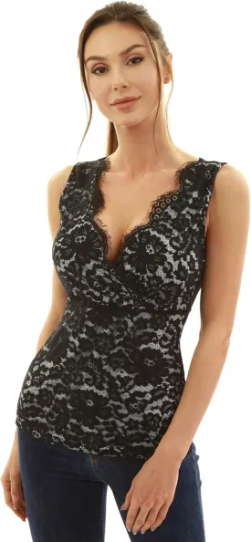 AmlieBoutik Women Scallop V Neck Crossover Empire Waist Floral Lace Overlay Blouse Top