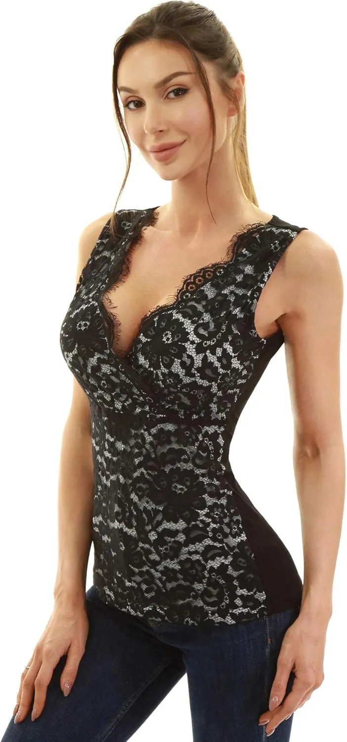 AmlieBoutik Women Scallop V Neck Crossover Empire Waist Floral Lace Overlay Blouse Top