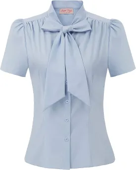 Belle Poque Summer Short Sleeve Office Button Down Blouse Stripe Shirt Tops with Bow Tie BP573