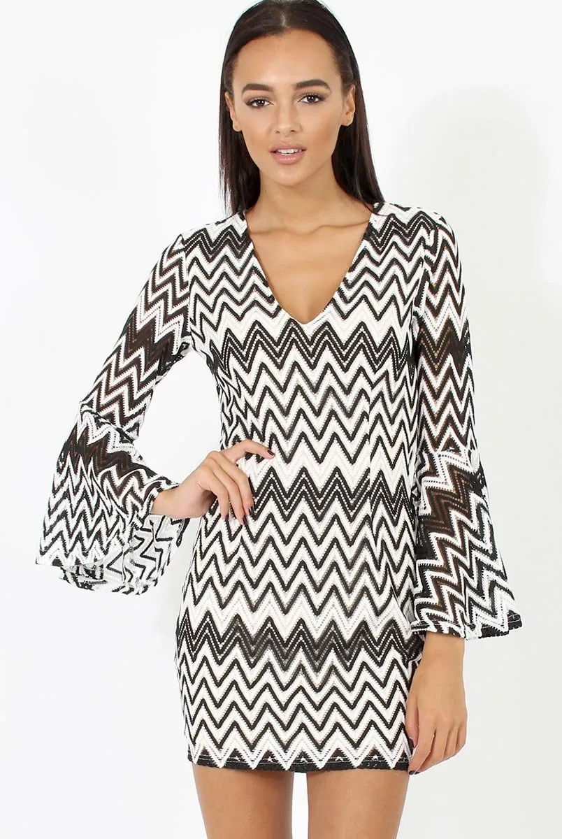 Black & White Crochet Flare Sleeve Dress - Kady