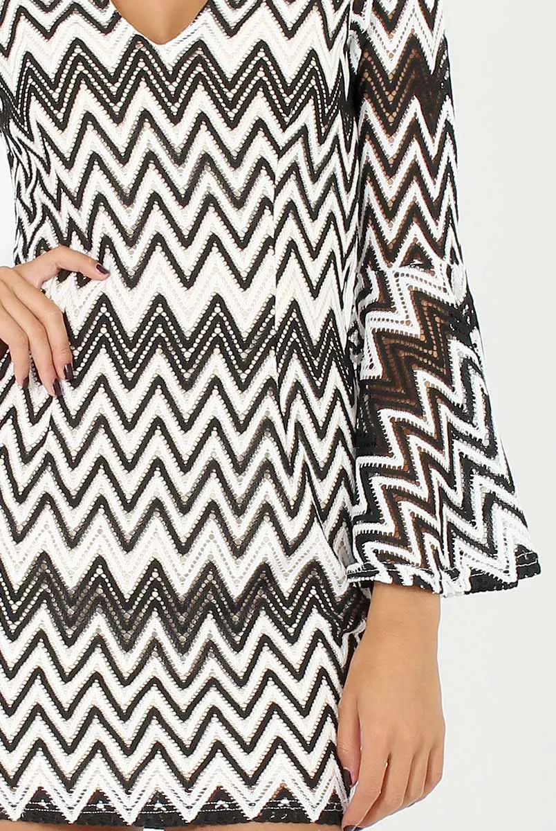 Black & White Crochet Flare Sleeve Dress - Kady