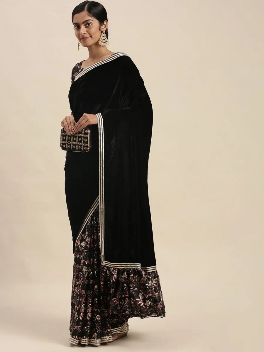 Black Half and Half Velvet and Floral Print Pallu Ruffled Saree