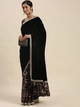 Black Half and Half Velvet and Floral Print Pallu Ruffled Saree