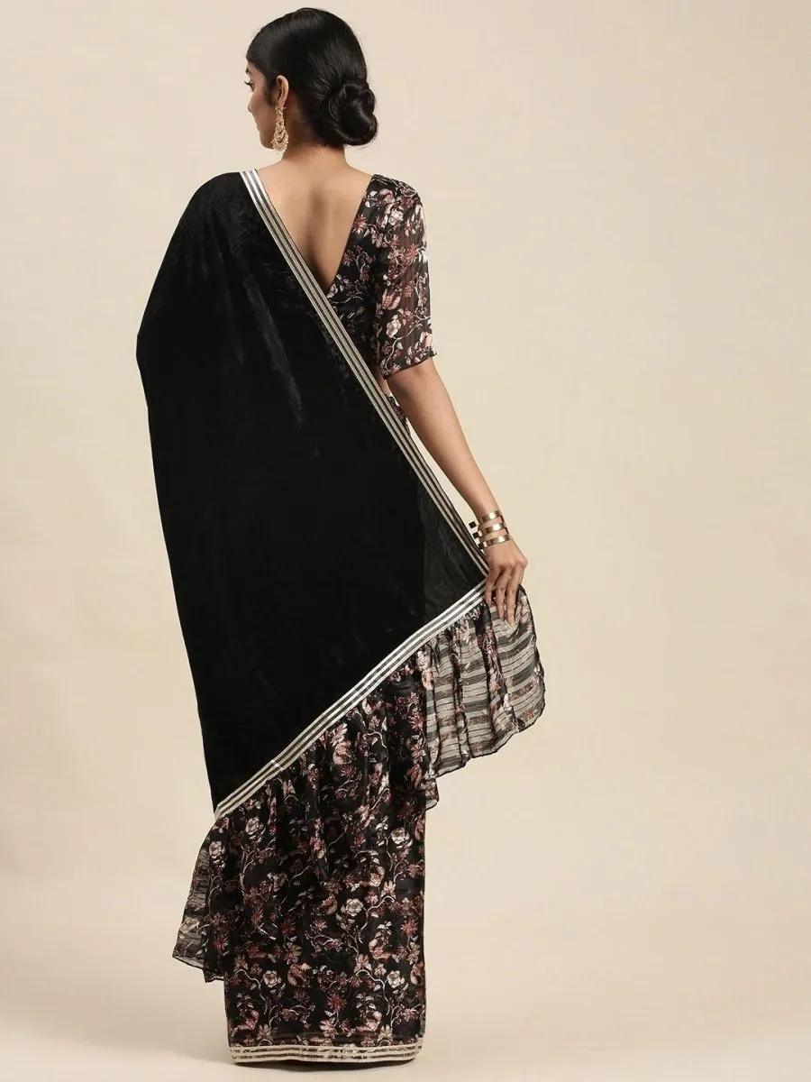 Black Half and Half Velvet and Floral Print Pallu Ruffled Saree