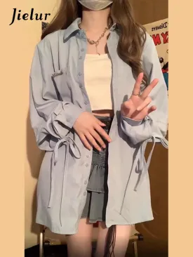 Blue French Style Elegant Women's Shirts Solid Color Lace-up Bow Fashion Sweet Office Lady Single Breasted Female Shirt