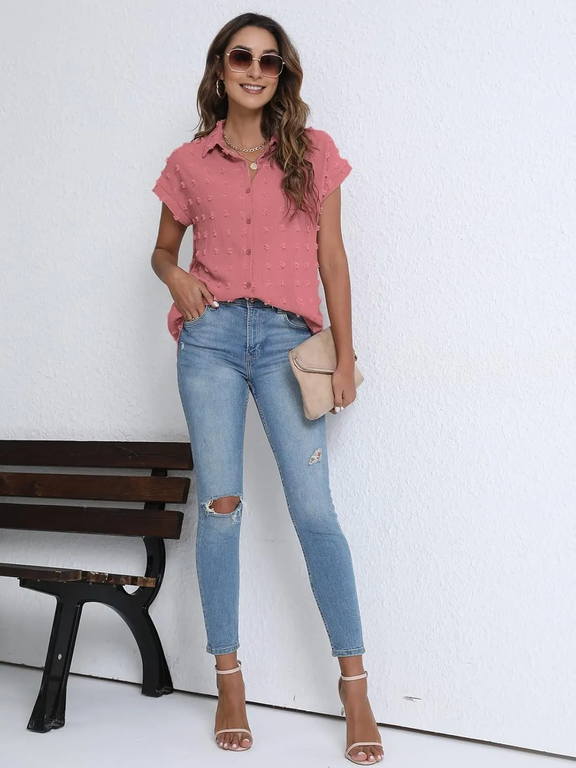 BOTHENIAL Women White Button Down Shirt Dressy Casual Work Tops Chiffon Blouse Summer Short Sleeve Shirts