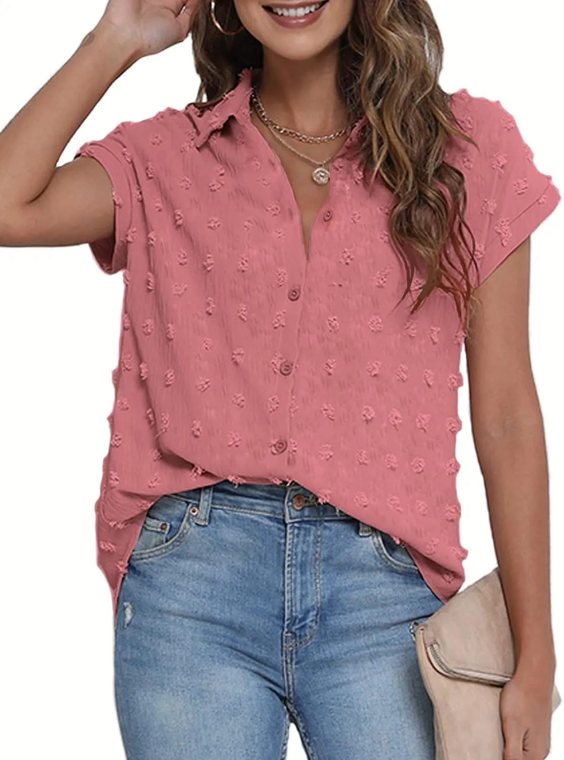 BOTHENIAL Women White Button Down Shirt Dressy Casual Work Tops Chiffon Blouse Summer Short Sleeve Shirts