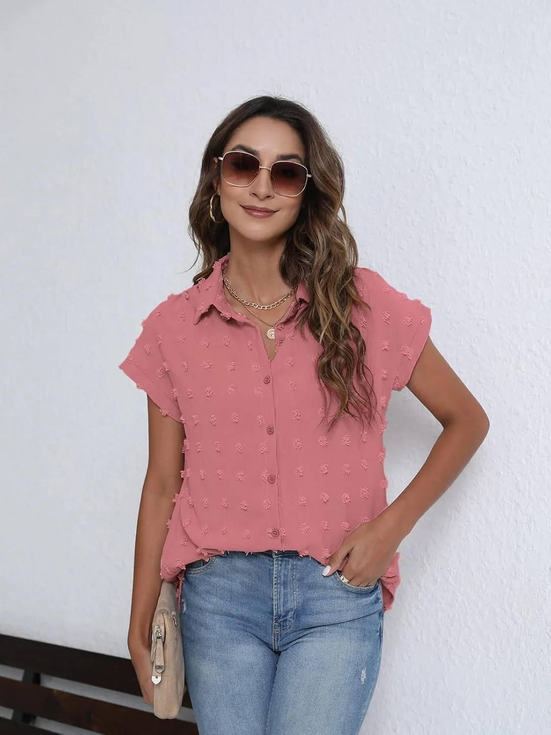 BOTHENIAL Women White Button Down Shirt Dressy Casual Work Tops Chiffon Blouse Summer Short Sleeve Shirts