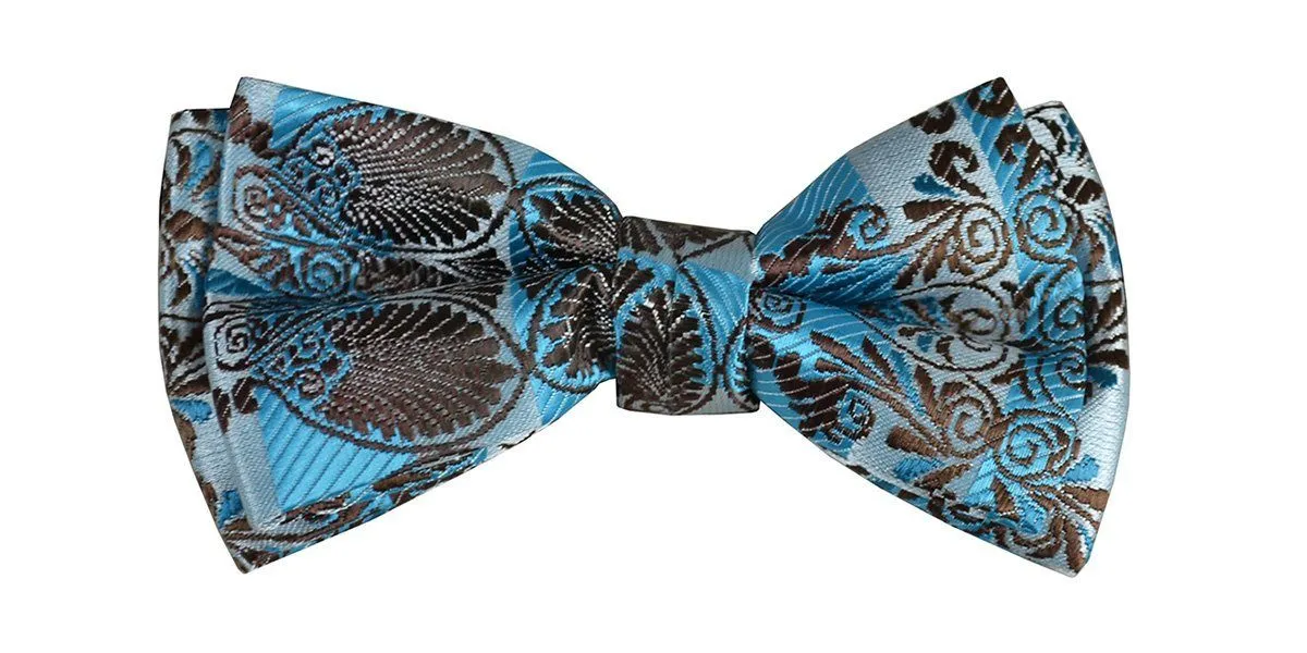 Brown and Blue Boys Bow Tie and Pocket Square Set, Pre-tied