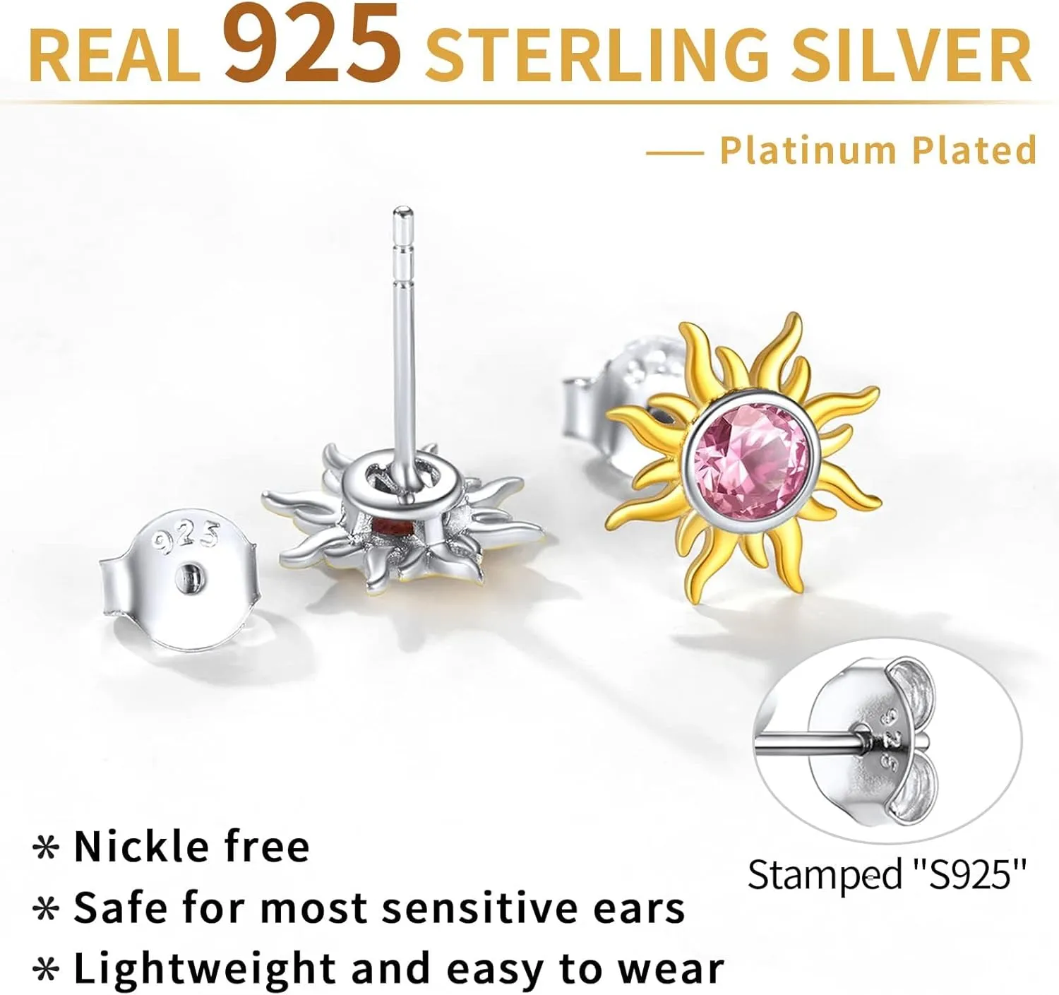 ChicSilver 925 Sterling Silver Dainty Small Round Birthstone Sun Stud Earrings for Women Teen Girls (with Gift Box)