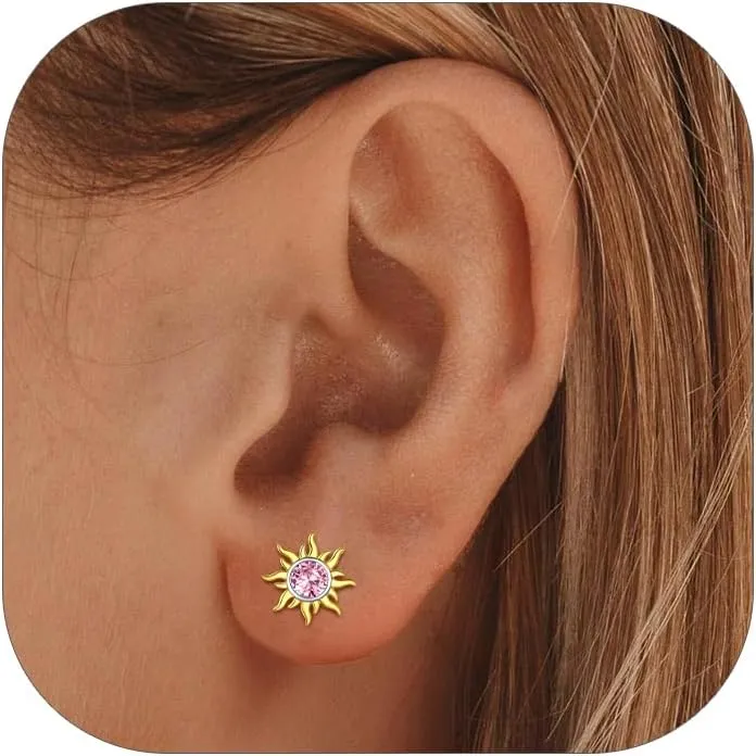 ChicSilver 925 Sterling Silver Dainty Small Round Birthstone Sun Stud Earrings for Women Teen Girls (with Gift Box)