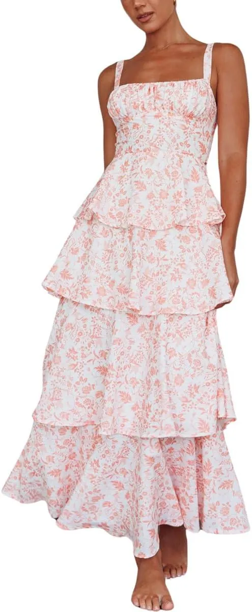 chouyatou Women's Summer Boho Floral Print Party Dress Cut Out Tiered Maxi Beach Dress