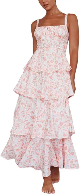 chouyatou Women's Summer Boho Floral Print Party Dress Cut Out Tiered Maxi Beach Dress