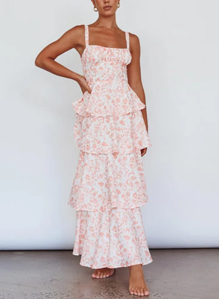 chouyatou Women's Summer Boho Floral Print Party Dress Cut Out Tiered Maxi Beach Dress