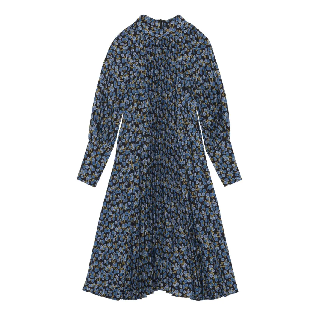 CHRISTINA ROHDE BLUE FLORAL PLEATED DRESS