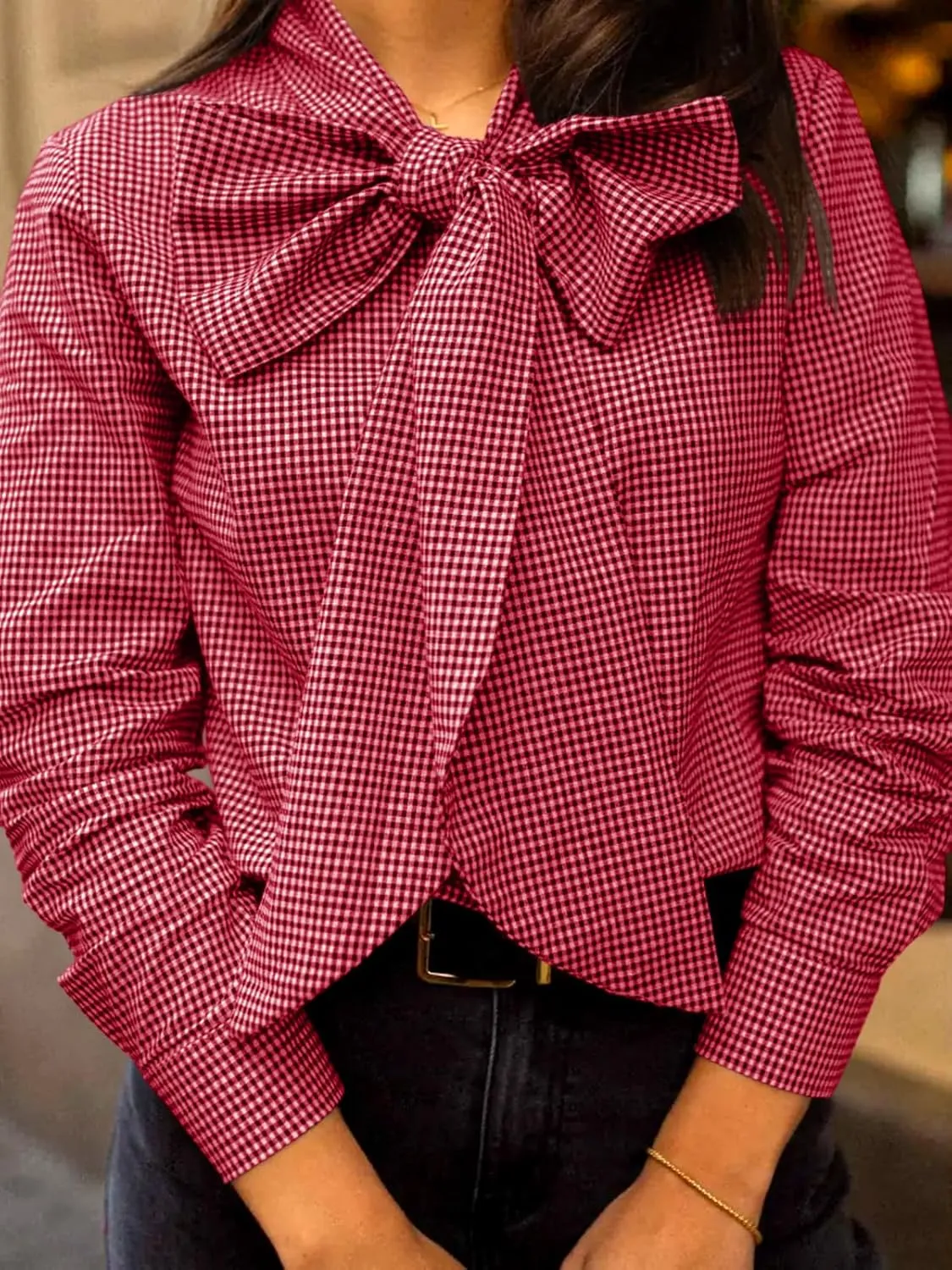 Cicy Bell Womens Plaid Shirts Bow Tied Neck Button Down Long Sleeve Casual Dressy Blouse Tops