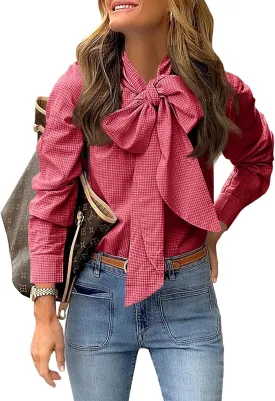 Cicy Bell Womens Plaid Shirts Bow Tied Neck Button Down Long Sleeve Casual Dressy Blouse Tops