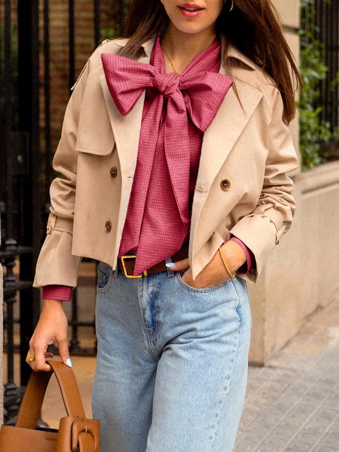 Cicy Bell Womens Plaid Shirts Bow Tied Neck Button Down Long Sleeve Casual Dressy Blouse Tops