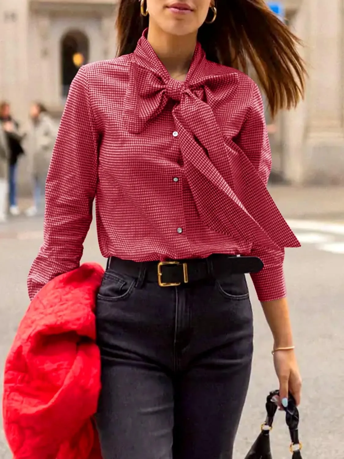 Cicy Bell Womens Plaid Shirts Bow Tied Neck Button Down Long Sleeve Casual Dressy Blouse Tops