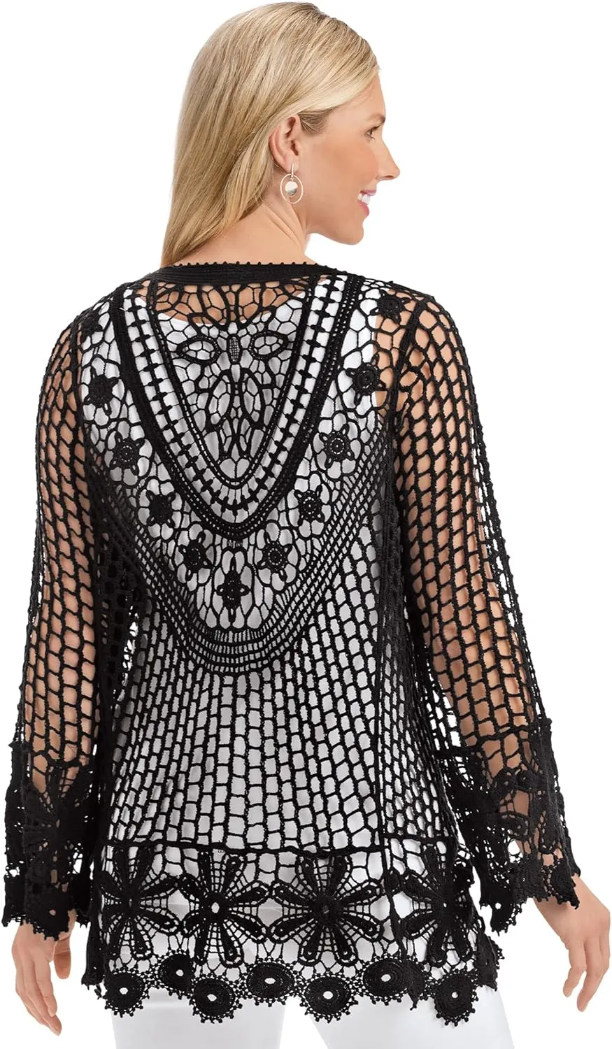 Collections Etc Beautiful Crochet and Floral Lace Open-Front Jacket