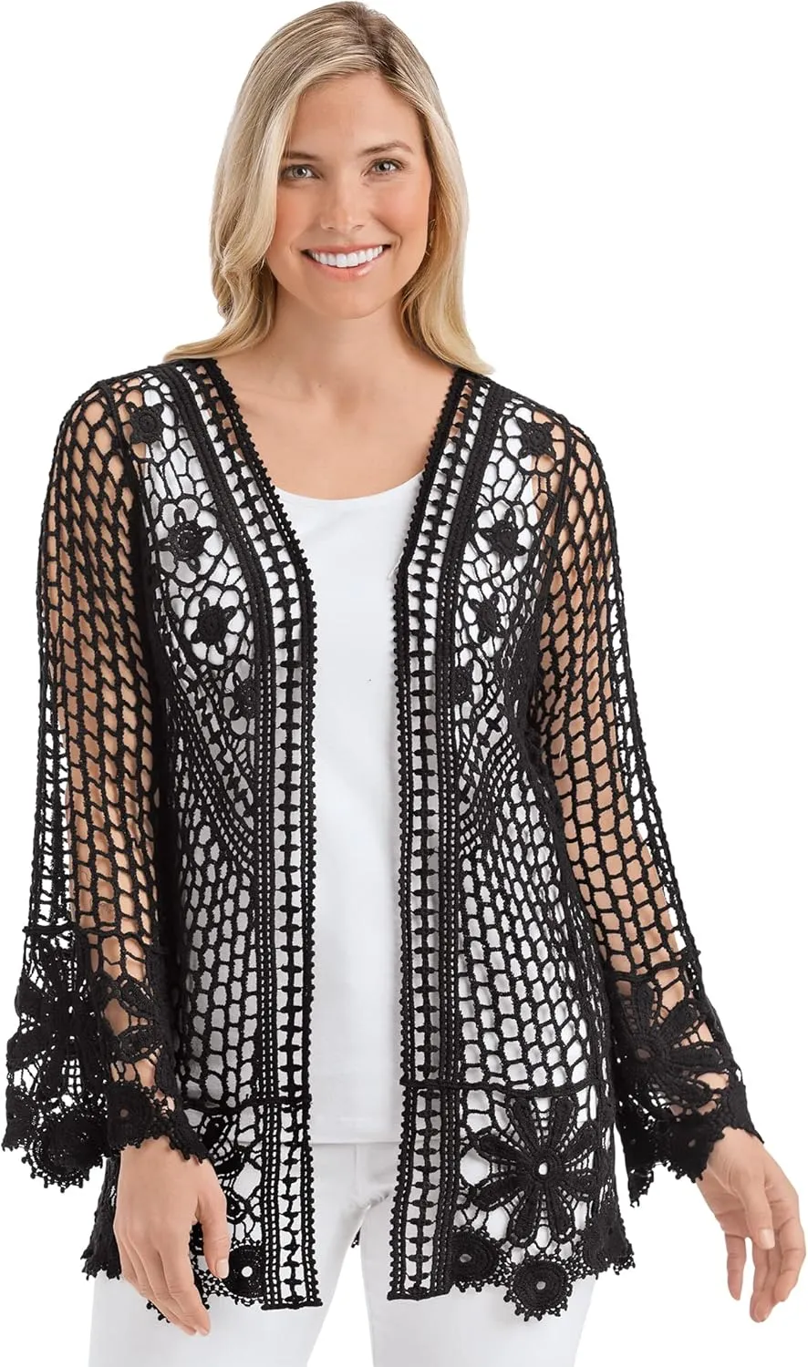 Collections Etc Beautiful Crochet and Floral Lace Open-Front Jacket