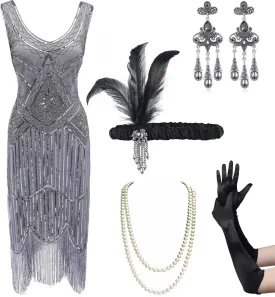 Coucoland Womens 1920s Flapper Sequin Beads Dress with Roaring 20s Gatsby Accessories Set for Party