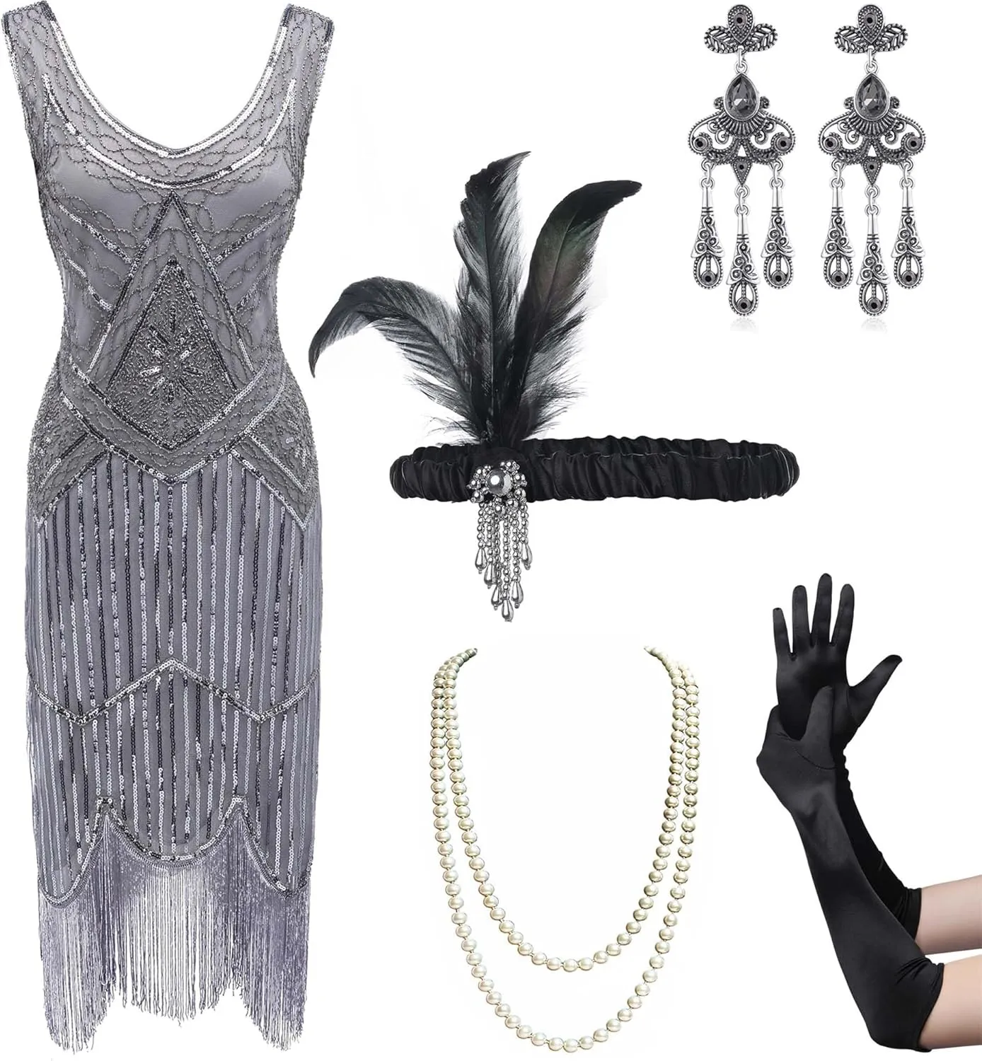 Coucoland Womens 1920s Flapper Sequin Beads Dress with Roaring 20s Gatsby Accessories Set for Party