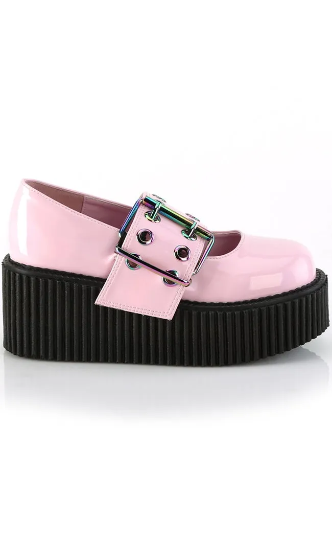 CREEPER-230 Baby Pink Holo Mary Janes