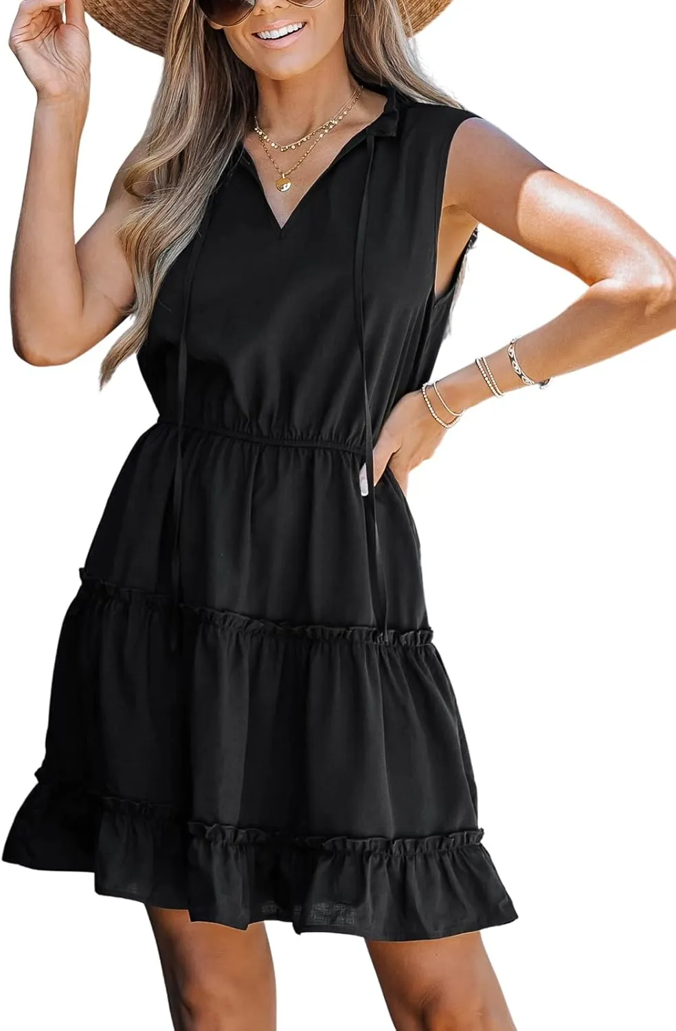CUPSHE Womens Summer Dresses Tie Neck Sleeveless Tiered Ruffle A-Line Tunic Mini Dress