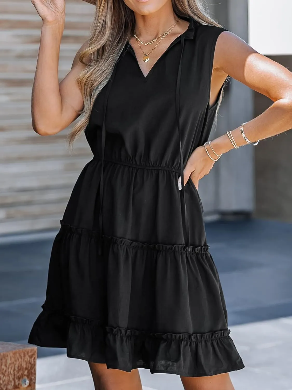 CUPSHE Womens Summer Dresses Tie Neck Sleeveless Tiered Ruffle A-Line Tunic Mini Dress