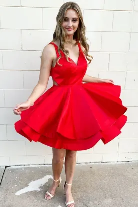 Cute V Neck Layered Red Satin Short Prom Dress Homecoming Dress, V Neck Red Formal Graduation Evening Dress