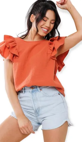 Dahlia's Ruffled Short Sleeve Blouse- Rust