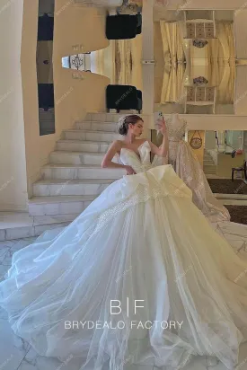 Designer Organza Strapless Shimmer Lace Ball Gown Tulle Wedding Dress