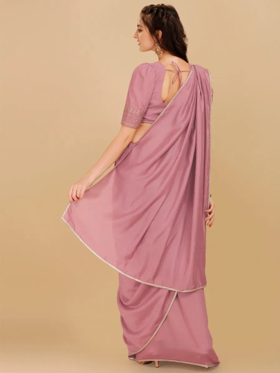 Dirty Pink Embroidered Silk Blend Saree & Embellished Belt