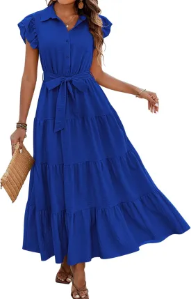dowerme Women's Summer Casual Dresses 2025 Cap Ruffle Sleeve V Neck Button Belted Tiered Boho Maxi Dress with Pockets